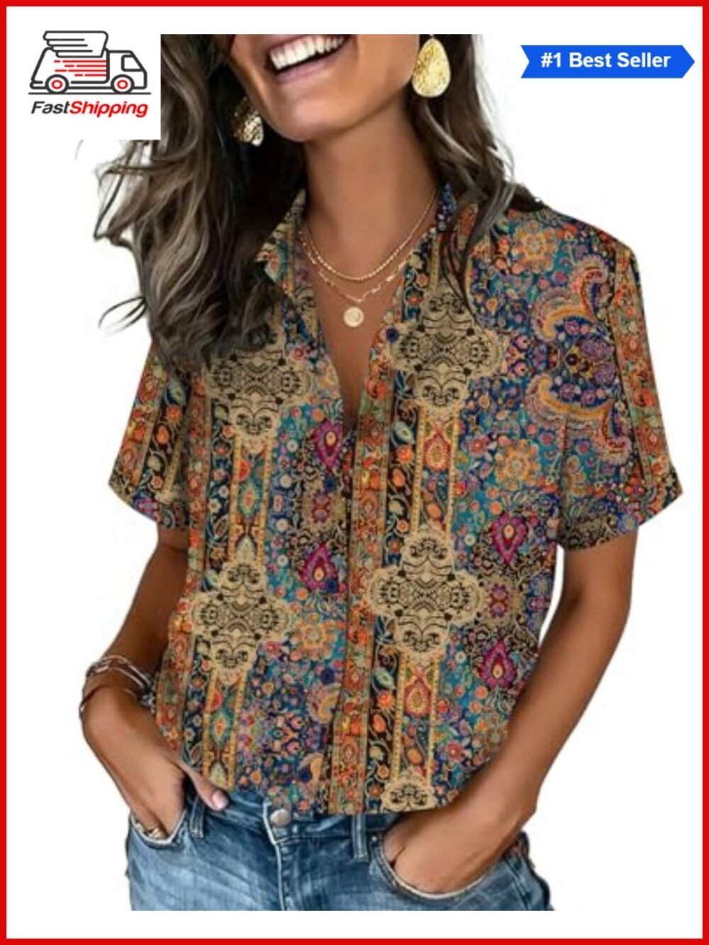 ✨Zeagoo Women's Button Down Blouse V-Neck Short Sleeve Roll-Up Cuff Paisley Top